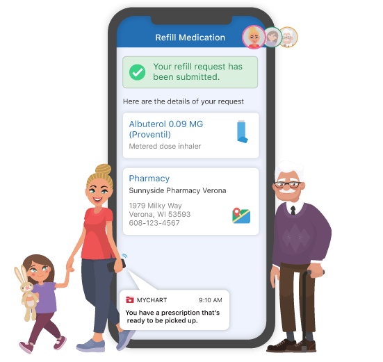 graphic of the my baptist chart home screen on a phone surrounded by cartoon graphics of a mom with her child and elderly parent.